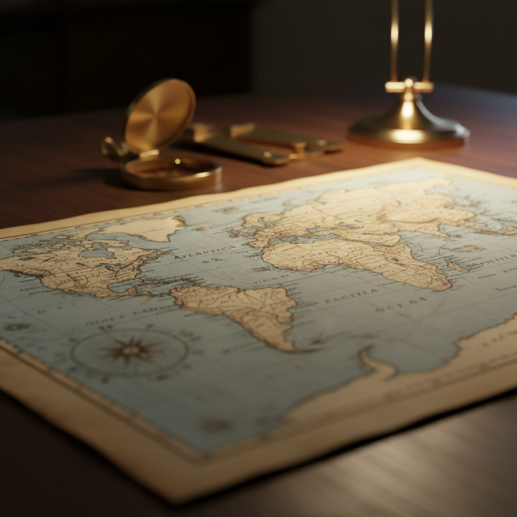 Gros plan photographique d’un vieux planisphère nautique posé sur une grande table en bois sombre, consacré aux routes maritimes entre Atlantique, océan Indien et Pacifique. Les tracés des routes d’expéditions depuis le XVe siècle apparaissent comme des lignes fines rouge foncé sur les océans bleu pâle, avec des roses des vents richement décorées. À côté, une boussole en laiton poli et un sextant ancien projettent de petits reflets métalliques sous une lumière chaude de lampe de bureau. L’éclairage latéral crée un contraste subtil, révélant le grain du papier jauni et les plis du parchemin. Composition serrée, angle légèrement oblique, profondeur de champ réduite qui laisse les bords de la carte dans un flou délicat. Atmosphère érudite, sophistiquée, style photographique haut de gamme.