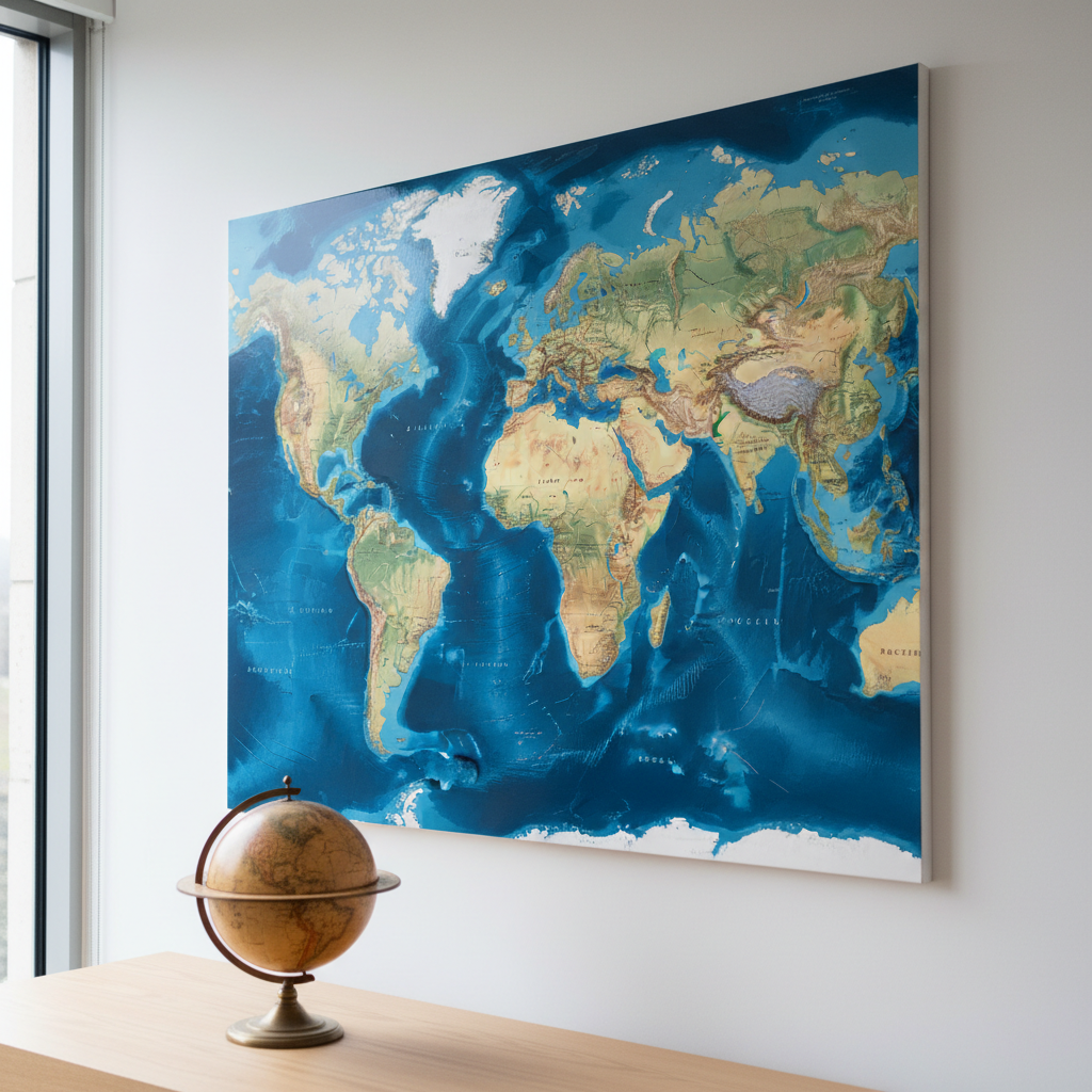 Carte murale photographiée en gros plan, affichée sur un mur blanc lisse, représentant l’Atlantique, l’océan Indien et le Pacifique avec une précision géographique moderne. Les contours des continents sont nets, les océans en différentes nuances de bleu profond et turquoise, avec des lignes de courant discrètes et élégantes. La lumière provient d’une grande fenêtre latérale, lumière de fin de matinée, créant de légers reflets satinés sur la surface de la carte plastifiée. Au bas du cadre, une table en bois clair supporte un globe ancien patiné, légèrement flou par faible profondeur de champ. Composition en légère plongée, centrée sur l’Atlantique. Ambiance studieuse, sophistiquée, évoquant un espace d’étude de géographie maritime, style photographique réaliste et épuré.